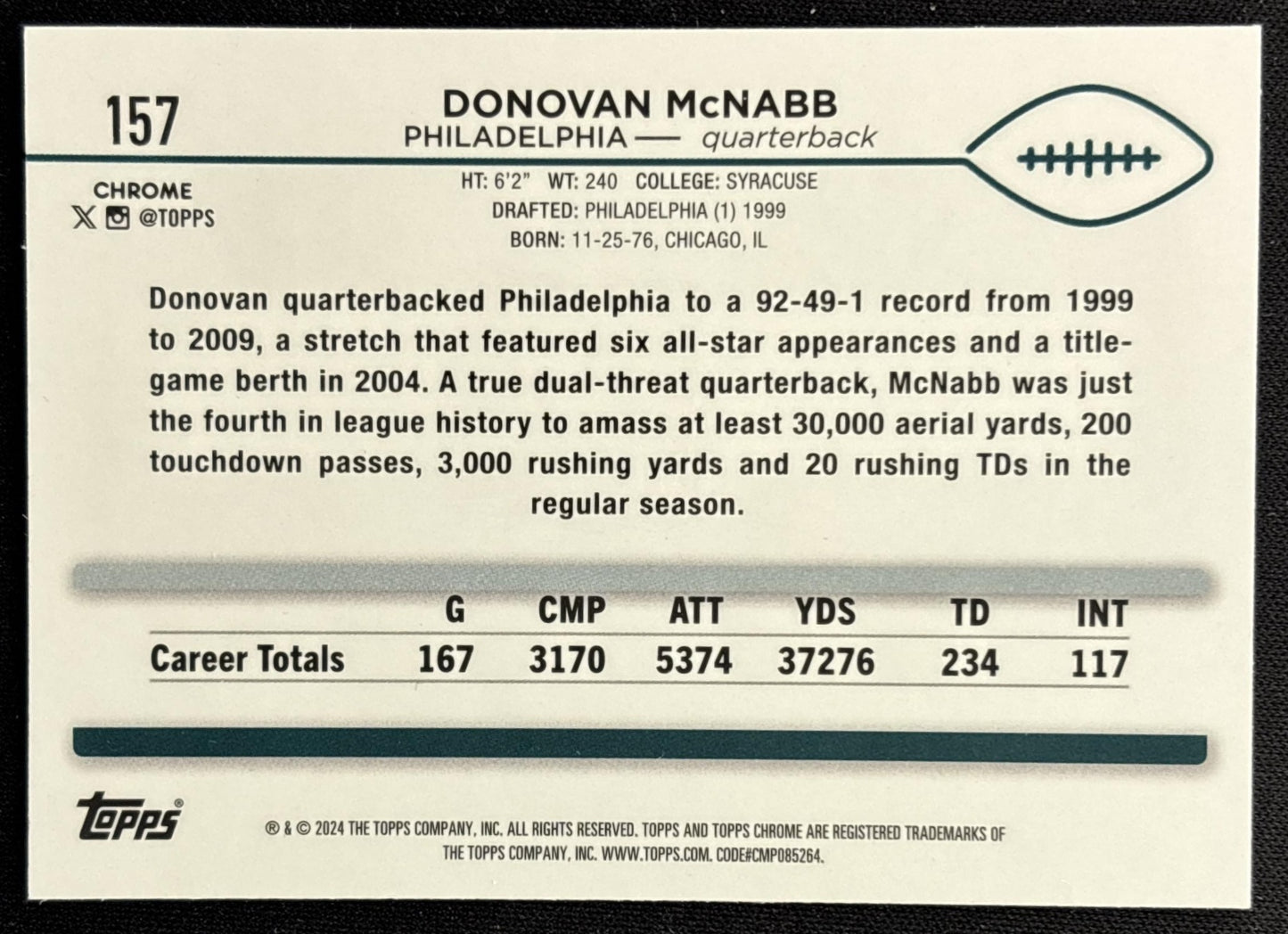 Donovan McNabb 2024 Topps Chrome Magenta Speckle Refractor /399 Eagles back
