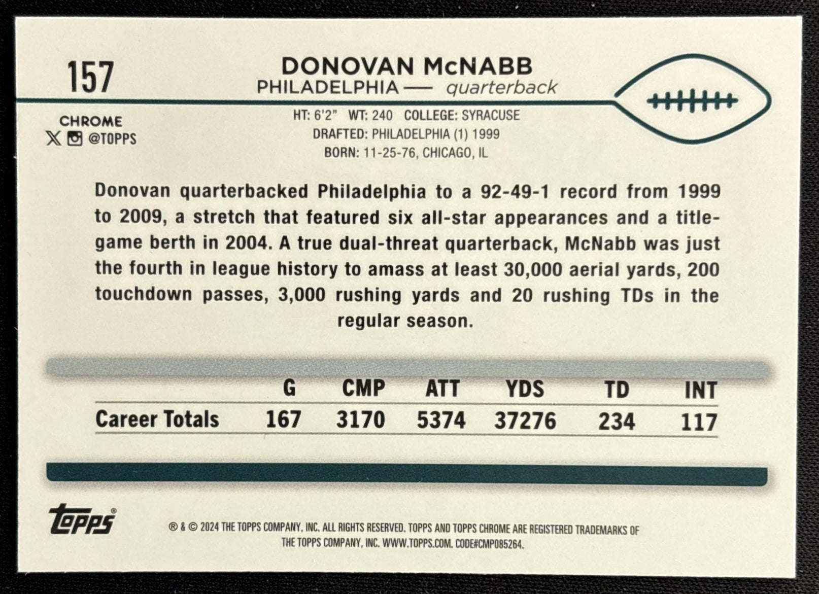 Donovan McNabb 2024 Topps Chrome Magenta Speckle Refractor /399 Eagles back