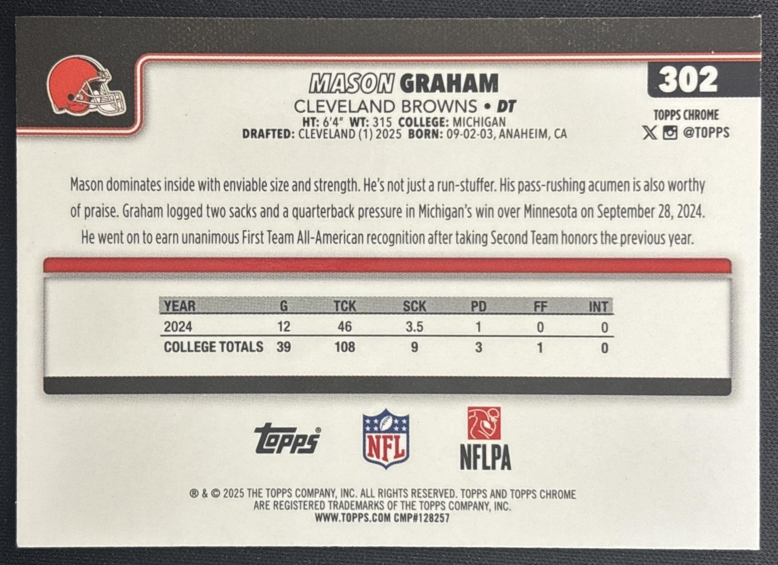 Mason Graham 2025 Topps Chrome Rookie Blue Geometric Refractor /150 Browns back
