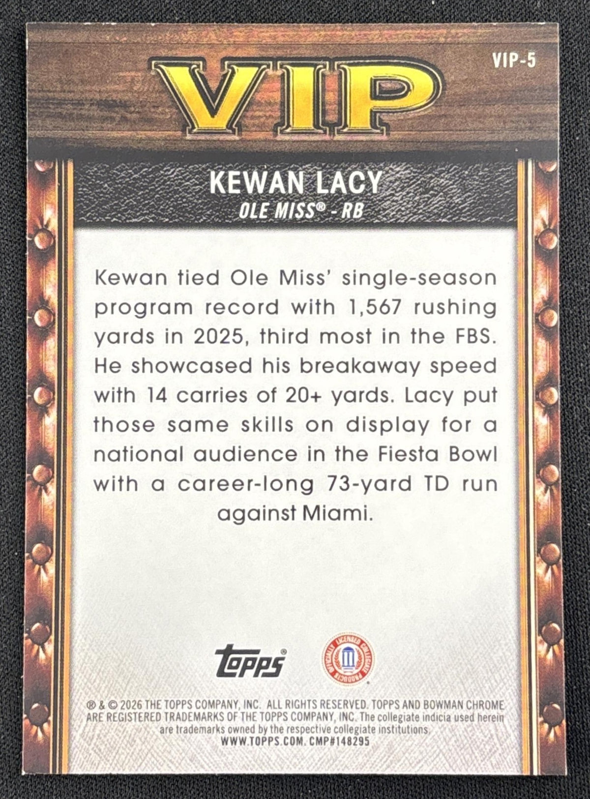 Kewan Lacy 2026 Bowman Very Important Prospects Blue Refractor /150 Rebels