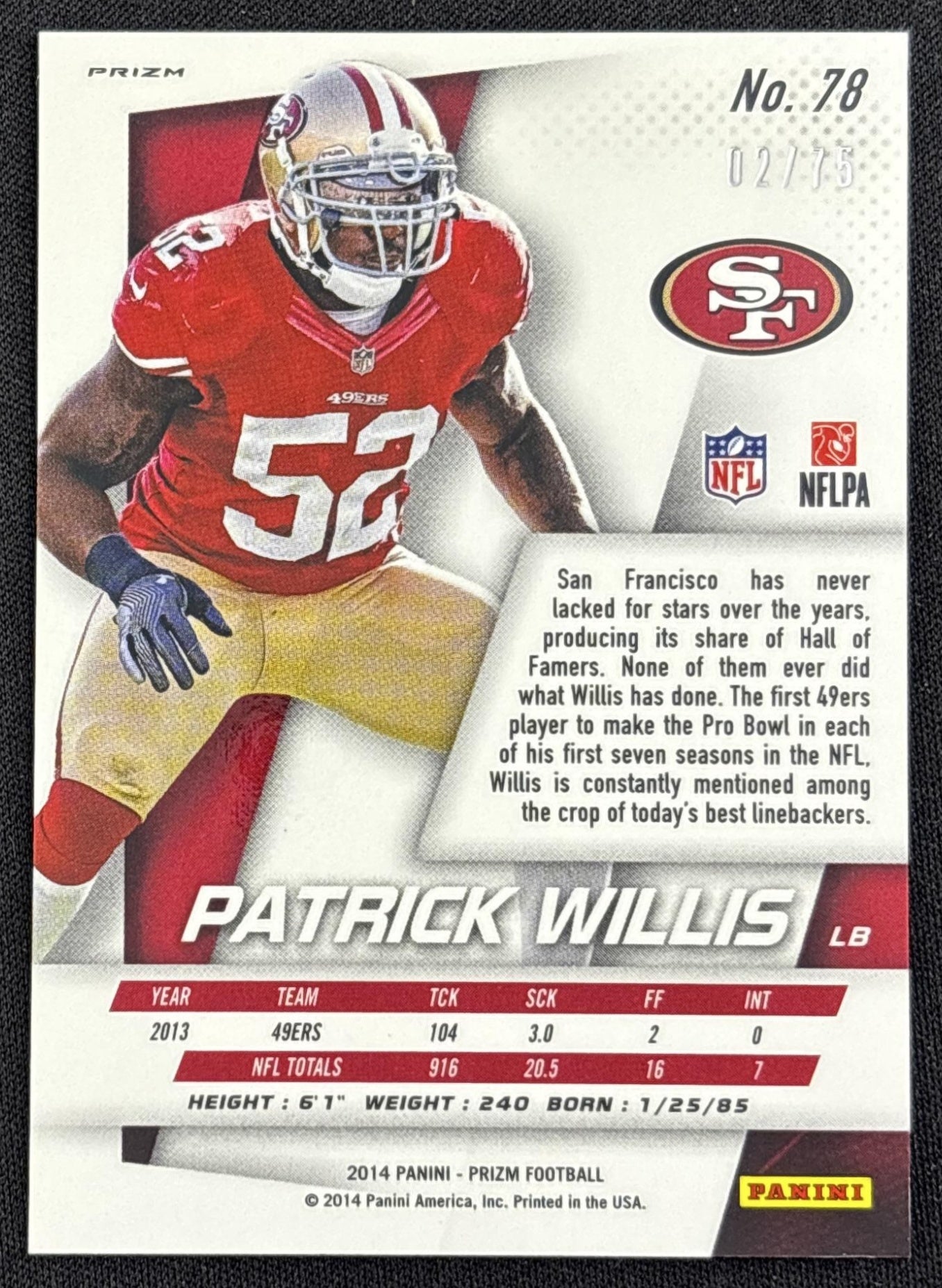Patrick Willis 2014 Panini Prizm NFL Shield /75 49ers Sports Trading Card