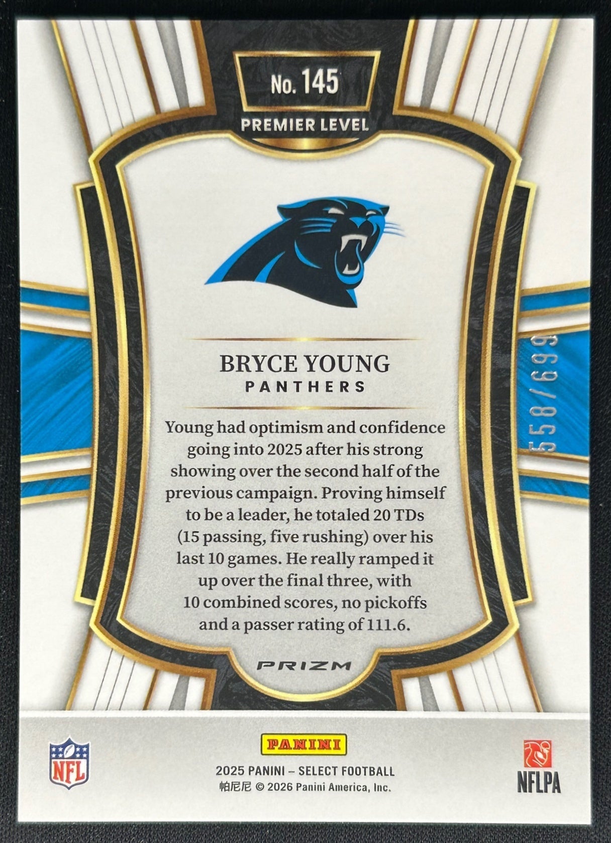 Bryce Young 2025 Select Premier Level Neon Green Prizm Shock /699 Panthers Sports Trading Cards