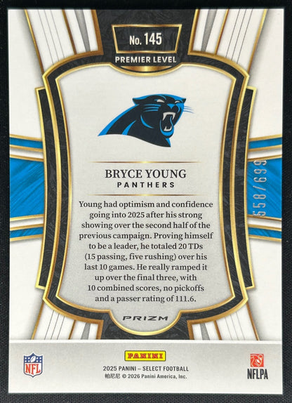 Bryce Young 2025 Select Premier Level Neon Green Prizm Shock /699 Panthers Sports Trading Cards