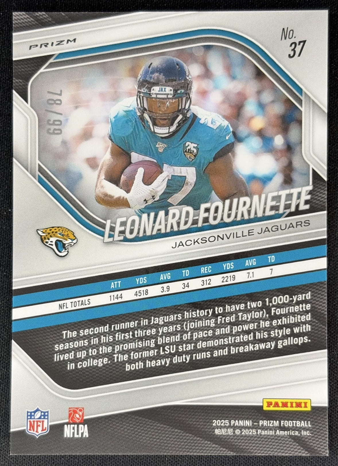 Leonard Fournette 2025 Panini Prizm Blue Ice /99 Jaguars Sports Trading Cards