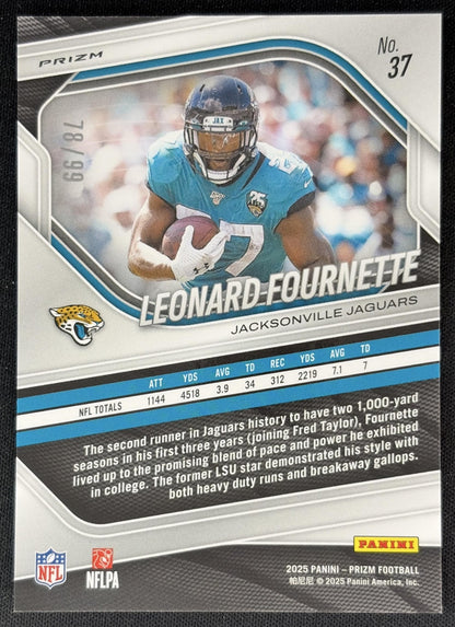 Leonard Fournette 2025 Panini Prizm Blue Ice /99 Jaguars Sports Trading Cards
