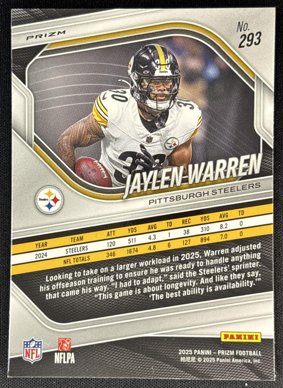 Jaylen Warren 2025 Panini Prizm Neon Green Pulsar Steelers
