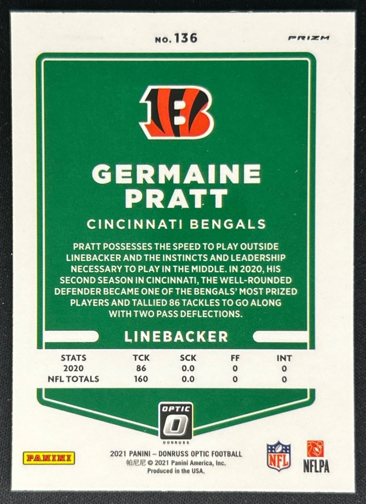 Germaine Pratt 2021 Donruss Optic Red Stars Bengals Sports Trading Cards