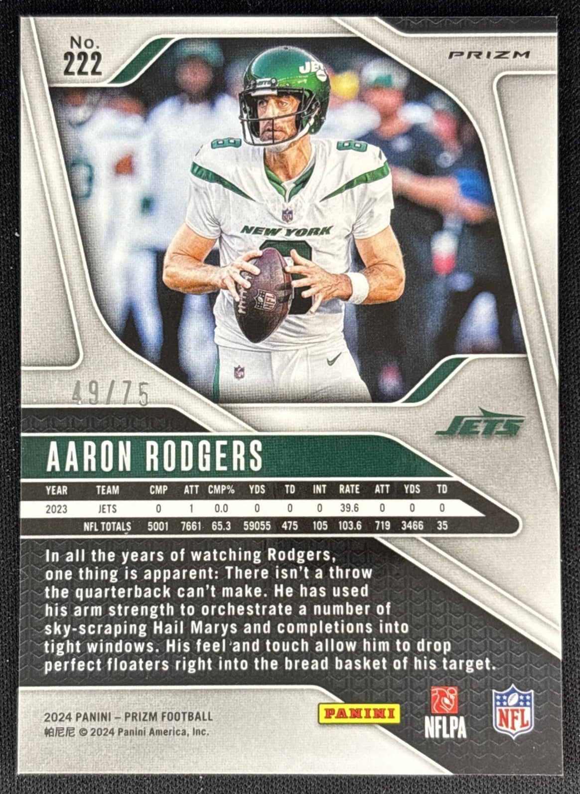 Aaron Rodgers 2024 Panini Prizm No Huddle Red /75 Jets back