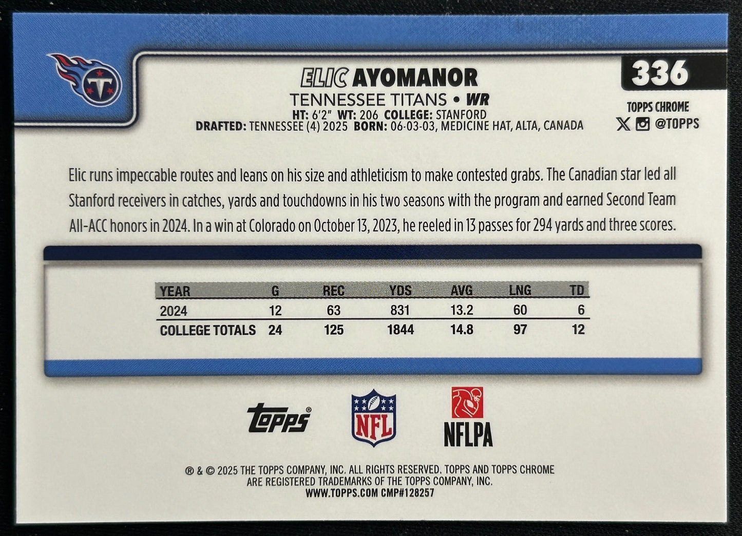 Elic Ayomanor 2025 Topps Chrome Rookie Titans Sports Trading Cards