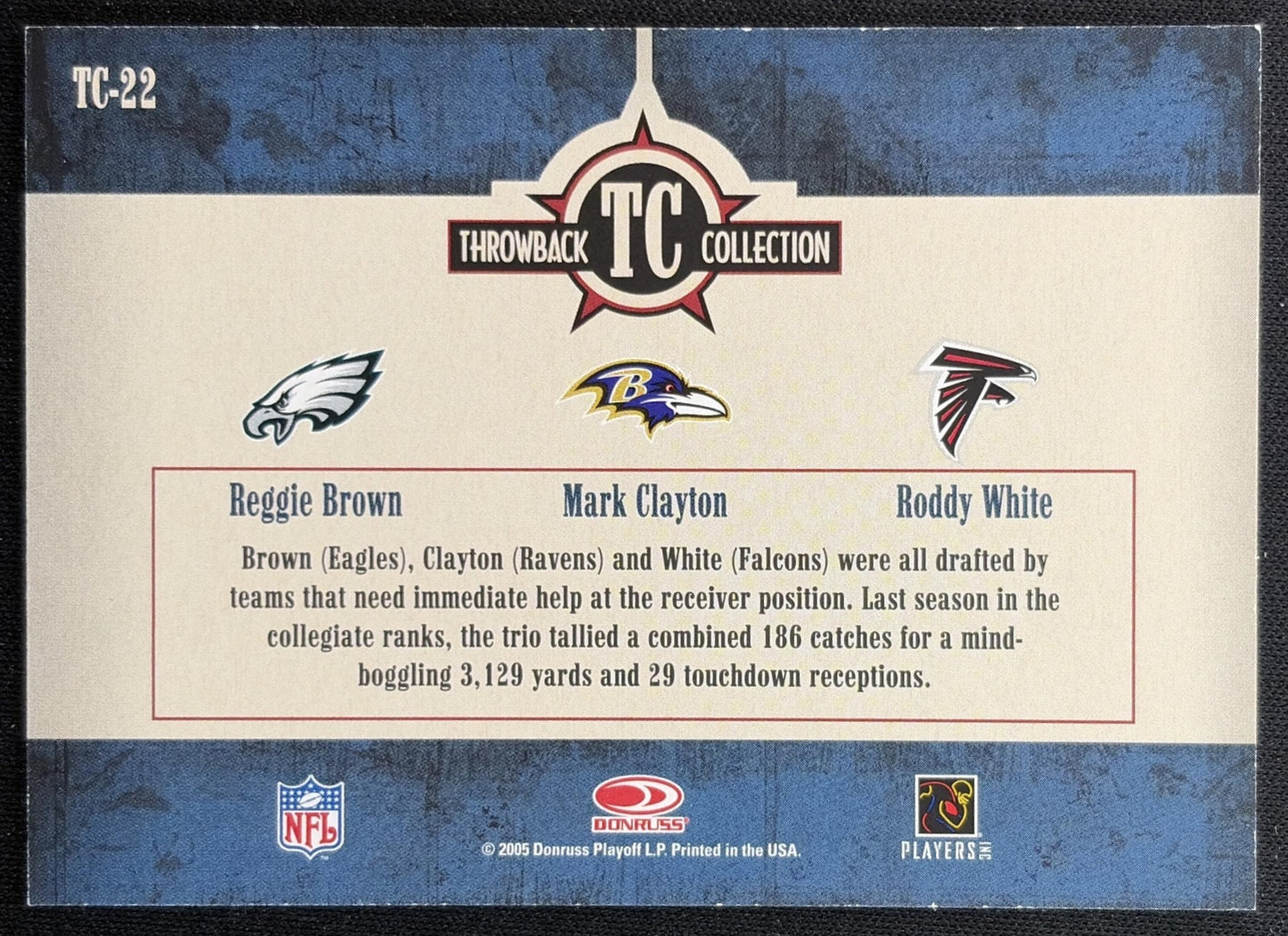Reggie Brown Mark Clayton Roddy White 2005 Donruss Throwback Threads Collection back