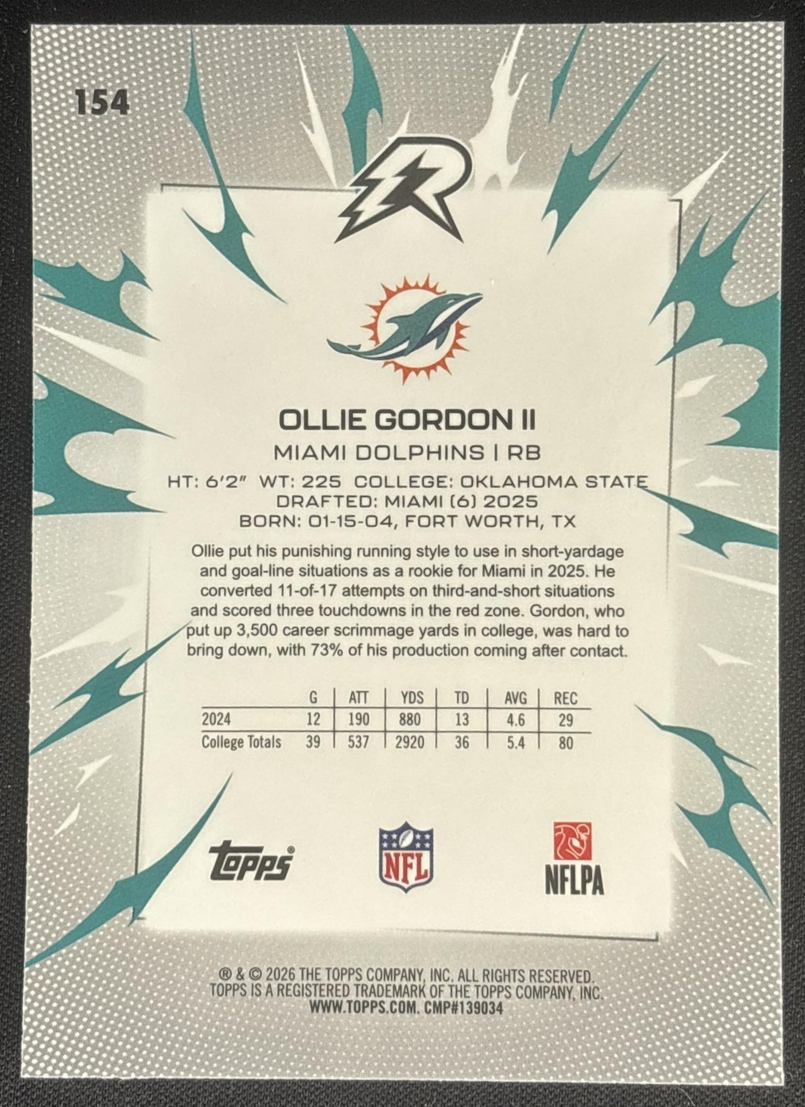 Ollie Gordon II 2025 Topps Resurgence Blue and Orange Spark Refractor Dolphins Miami Dolphins Sports Trading Cards