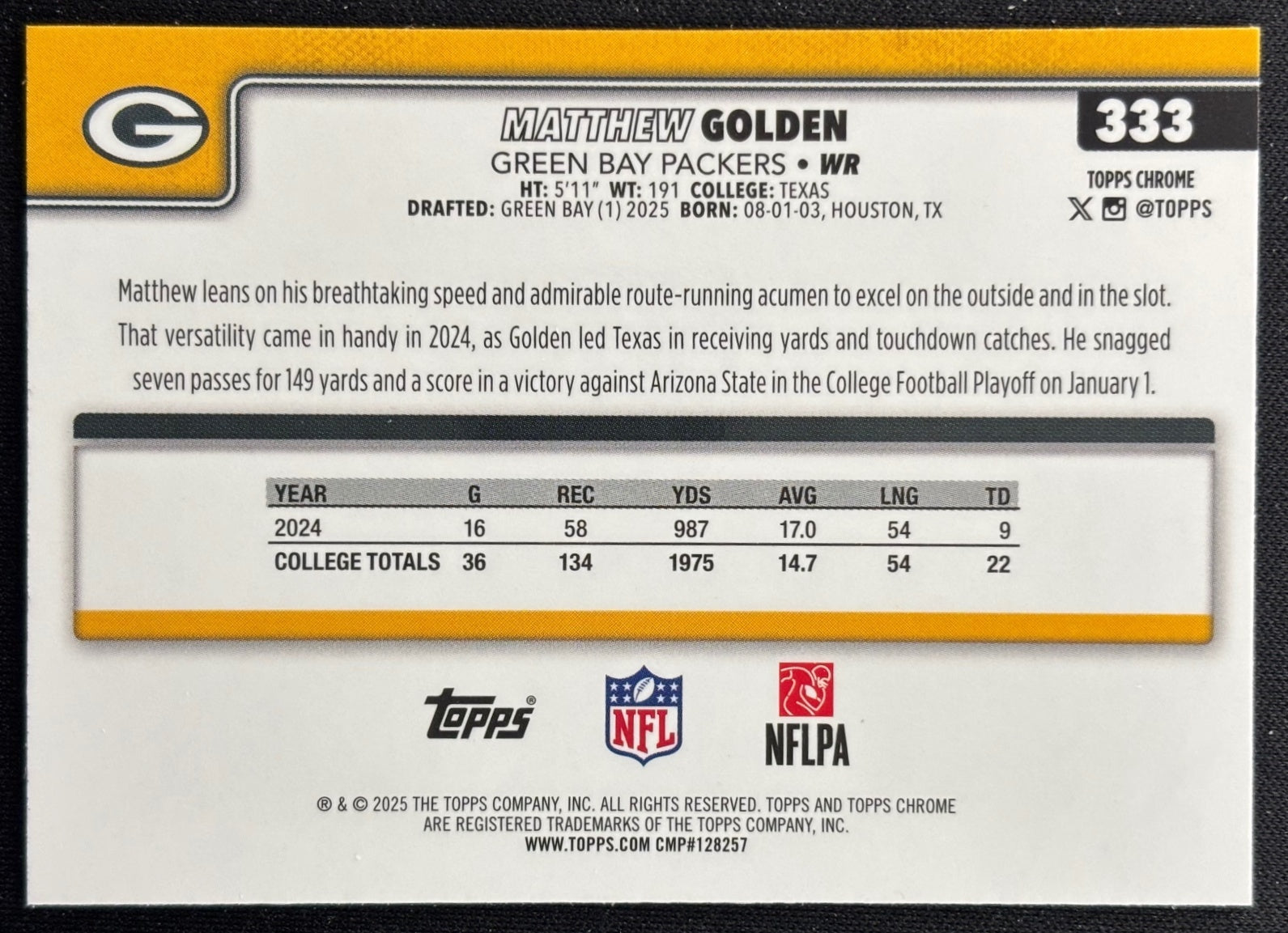 Matthew Golden 2025 Topps Chrome Rookie Packers Sports Trading Cards