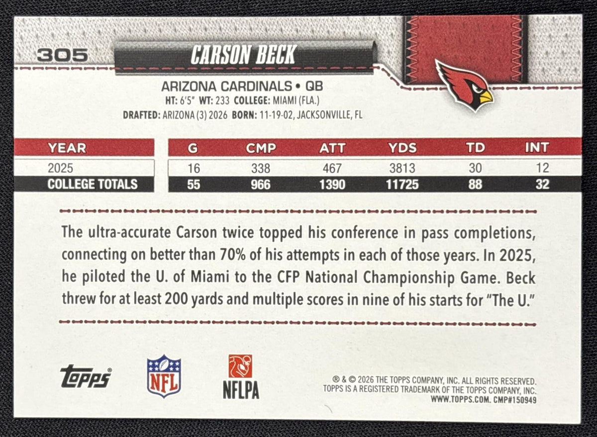 Carson Beck 2026 Topps True Photo Variation Cardinals