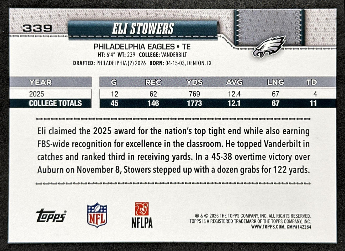 Eli Stowers 2026 Topps Flagship Rookie Eagles Sports Trading Card