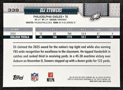Eli Stowers 2026 Topps Flagship Rookie Eagles Sports Trading Card