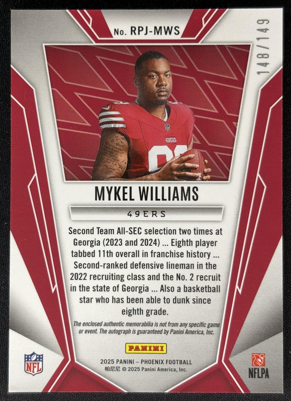 Mykel Williams 2025 Phoenix Rookie Phenoms Jersey Auto Silver Prizm /149 49ers back