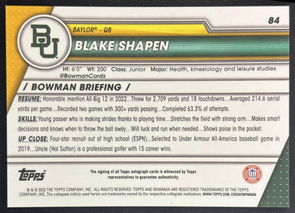 Blake Shapen 2023 Bowman University Chrome Prospect Auto 1 back