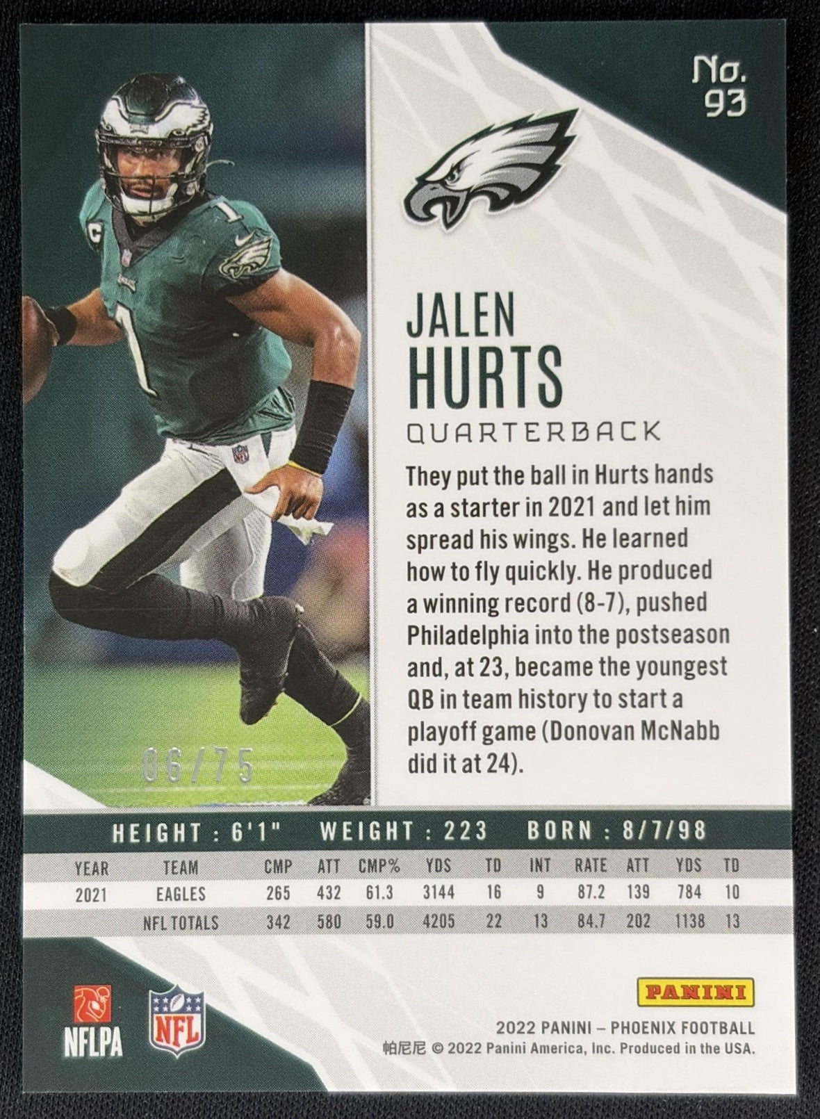 Jalen Hurts 2022 Panini Phoenix Orange Lazer /75 Eagles Football