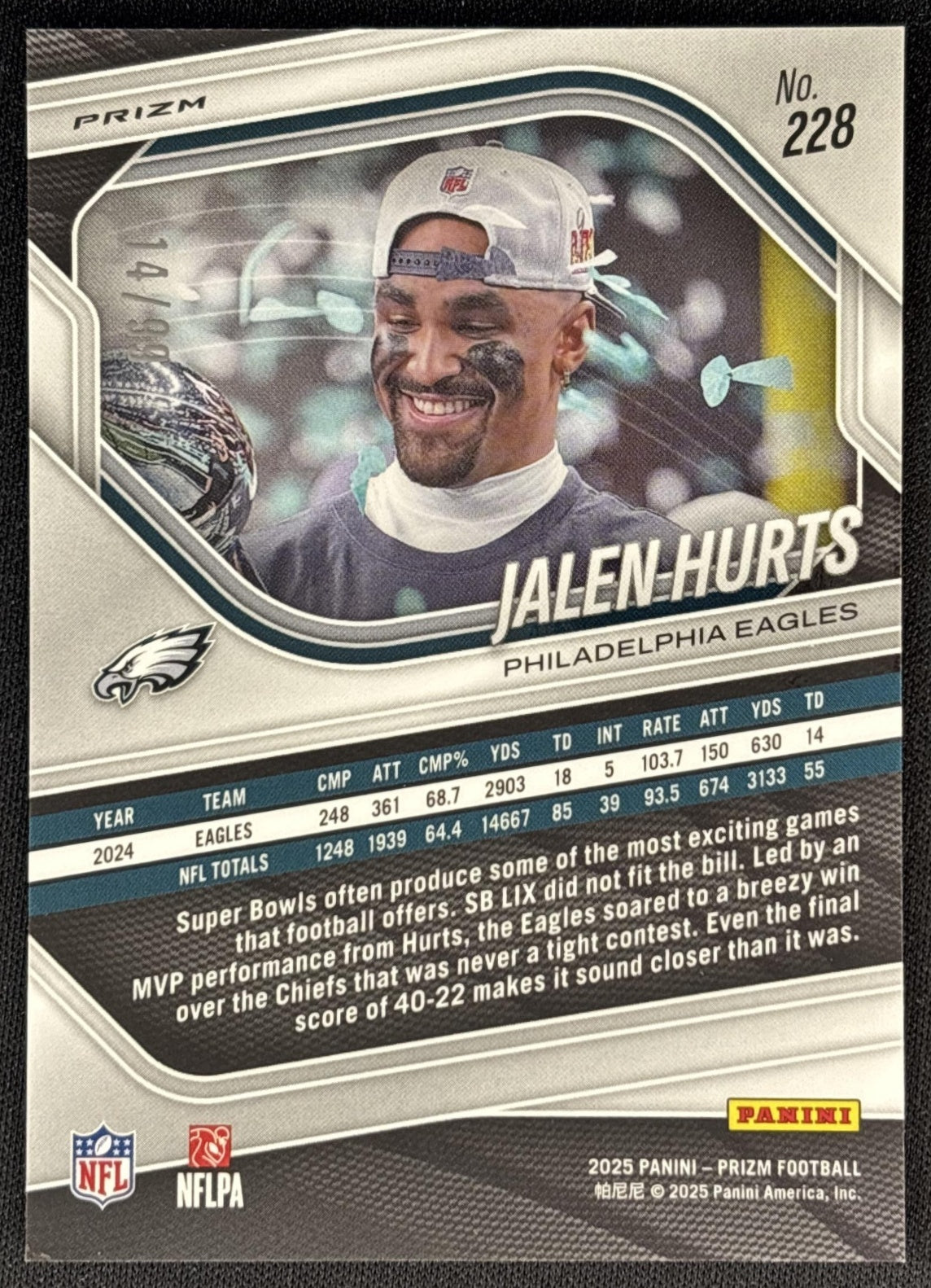 Jalen Hurts 2025 Panini Prizm Blue Ice /99 Eagles back