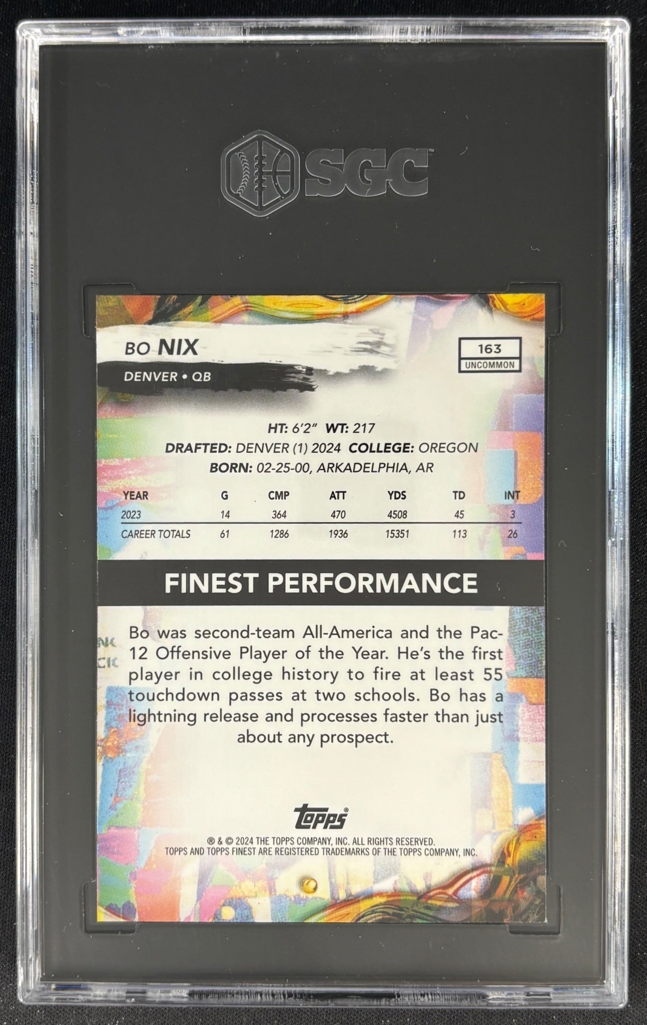 Bo Nix 2024 Finest Blue Refractor /150 SGC 8 Rookie Broncos - Back (Wayne Collection)