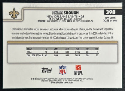 Tyler Shough 2025 Topps Chrome Rookie Saints Sports Trading Cards