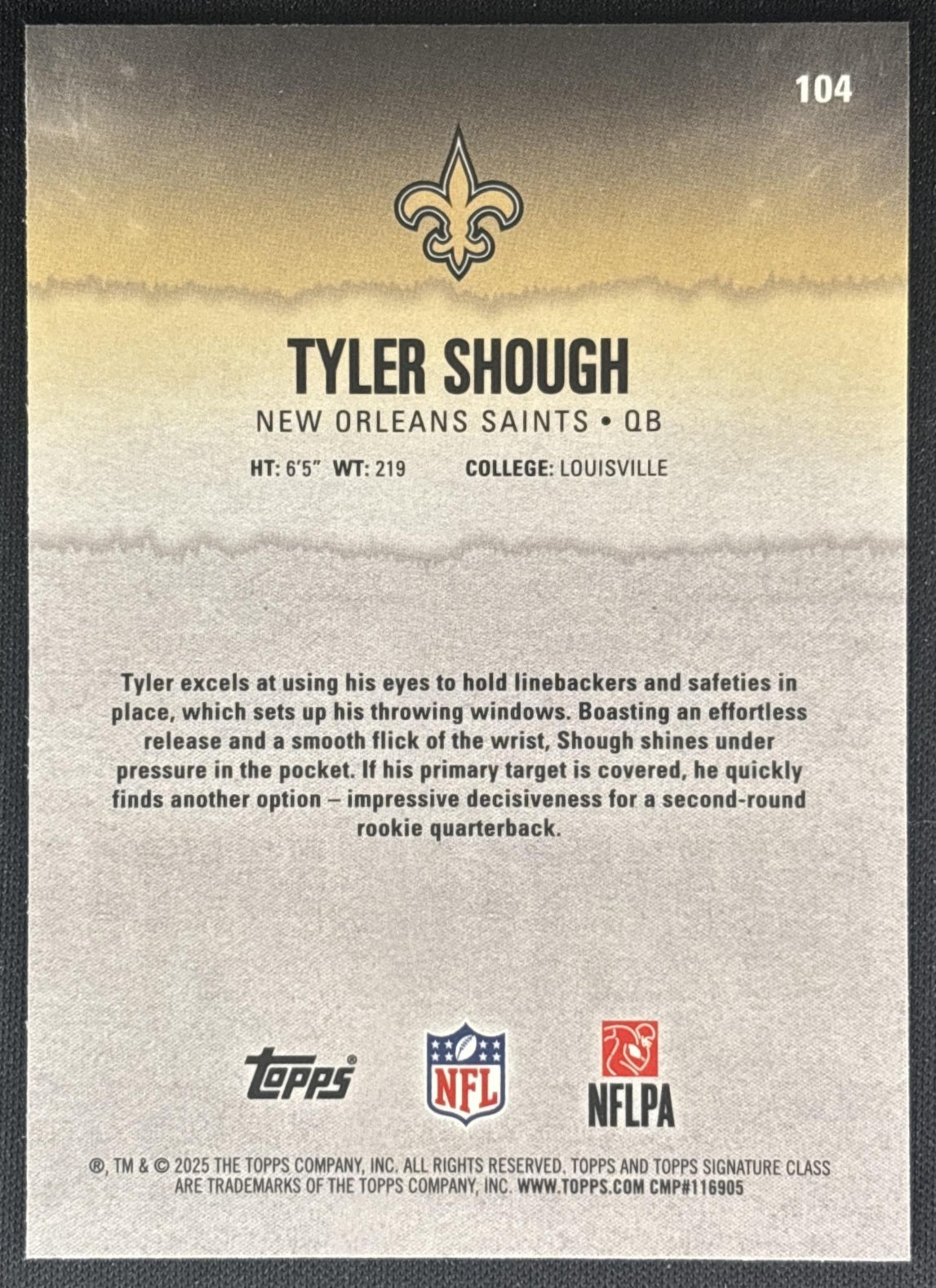Tyler Shough 2025 Topps Signature Class Chrome Rookie Saints back