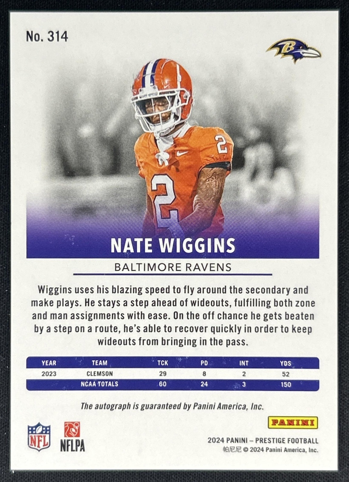 Nate Wiggins 2024 Panini Prestige Xtra Points Signatures Premium Ravens back