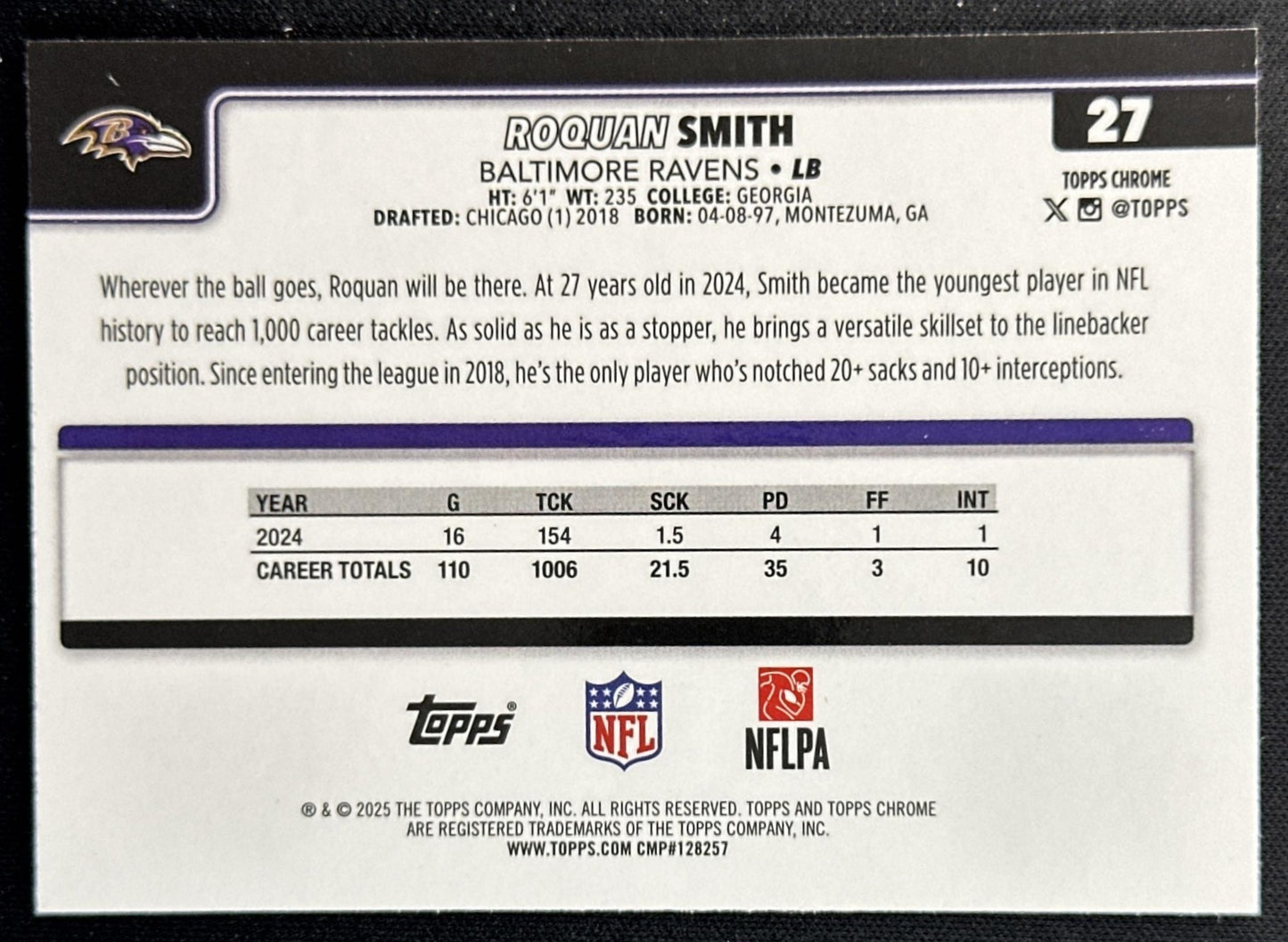 Roquan Smith 2025 Topps Chrome Neon Pulse Refractor Ravens