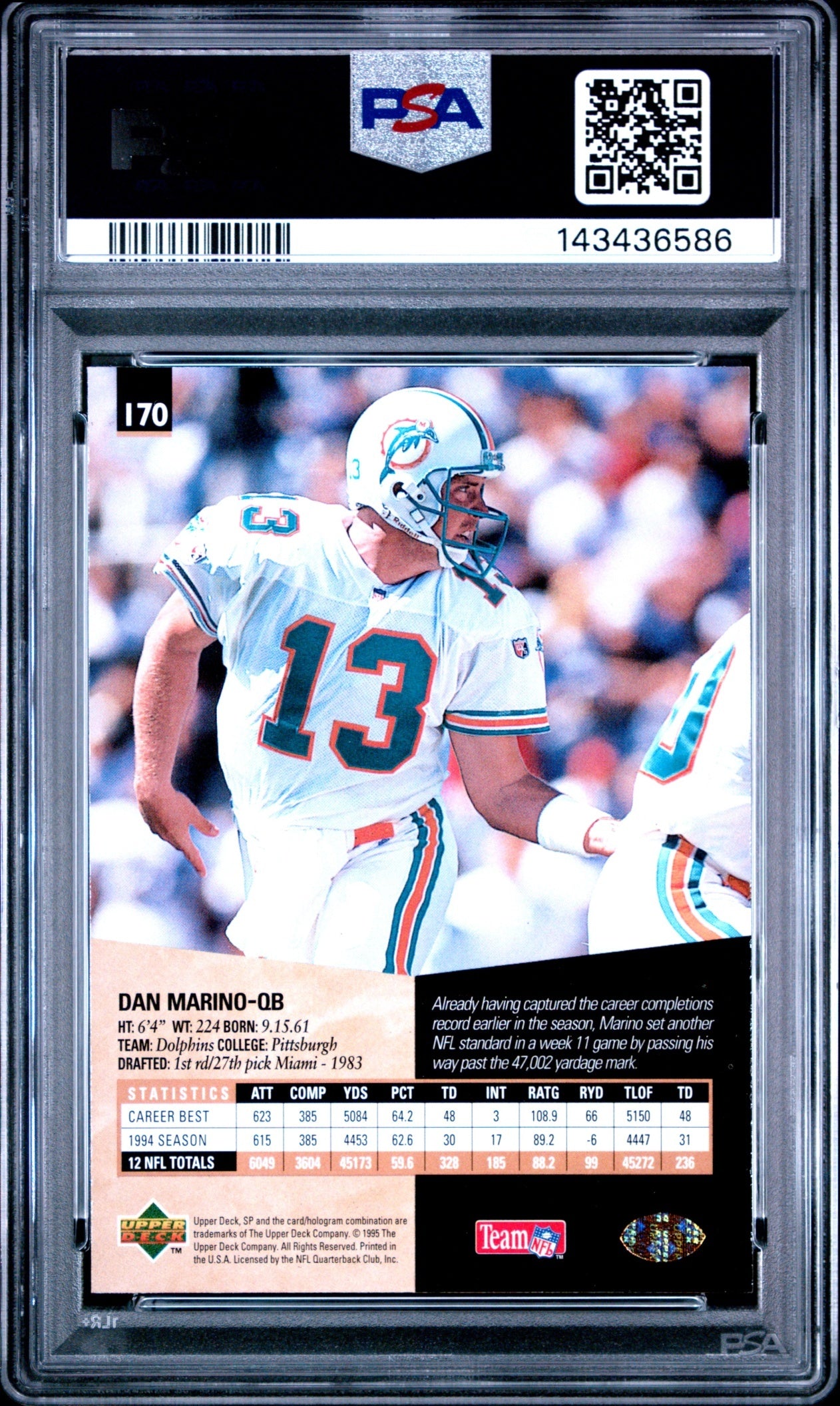 Dan Marino 1995 SP PSA 9 Dolphins back