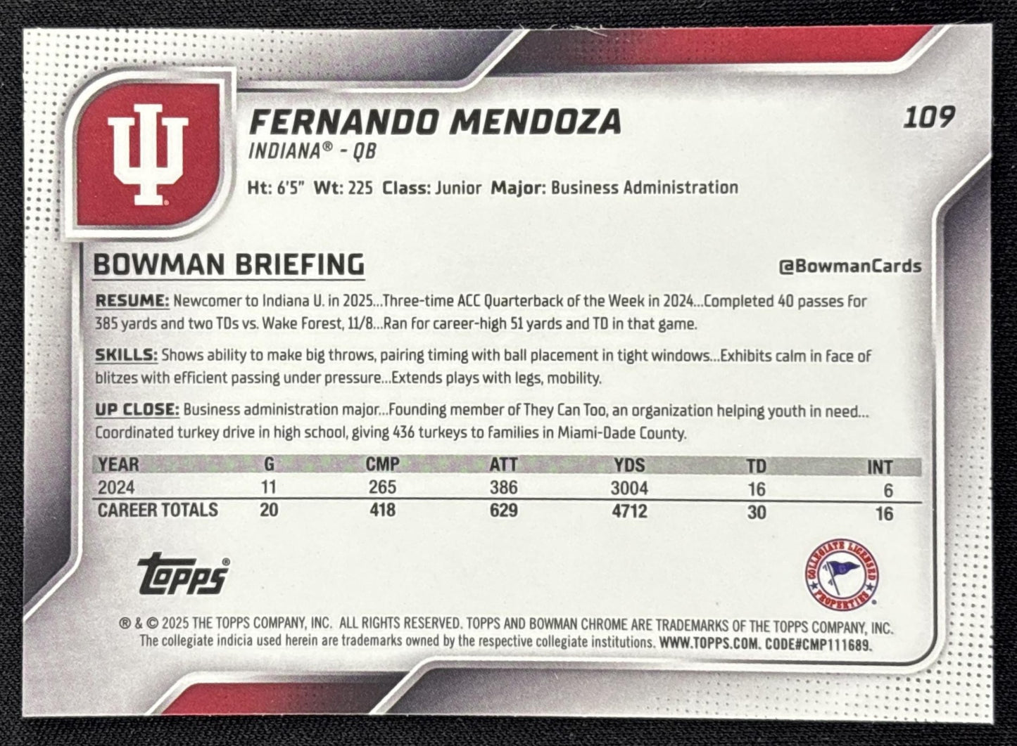 Fernando Mendoza 2025 Bowman Chrome University Prospects Hoosiers - back