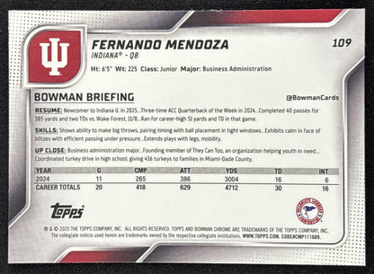 Fernando Mendoza 2025 Bowman Chrome University Prospects Hoosiers - back