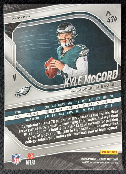 Kyle McCord 2025 Panini Prizm Rookie Variations No Huddle Eagles back