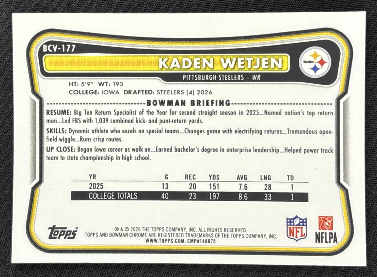 Kaden Wetjen 2026 Bowman Chrome NFL Mojo Refractor Steelers
