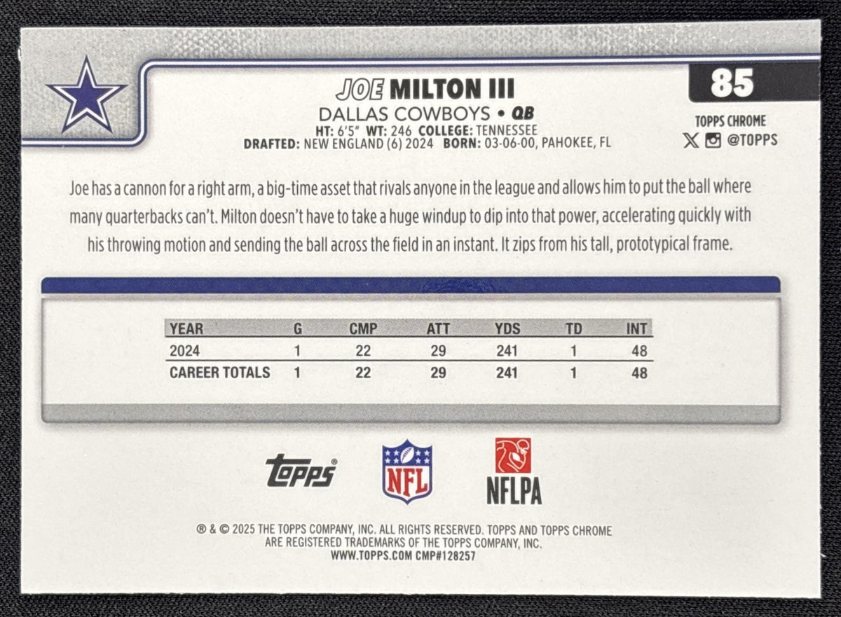 Joe Milton III 2025 Topps Chrome Teal Refractor /299 Cowboys