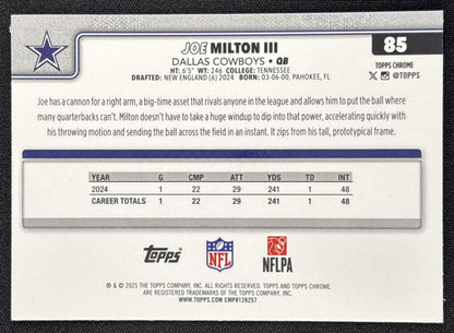 Joe Milton III 2025 Topps Chrome Teal Refractor /299 Cowboys