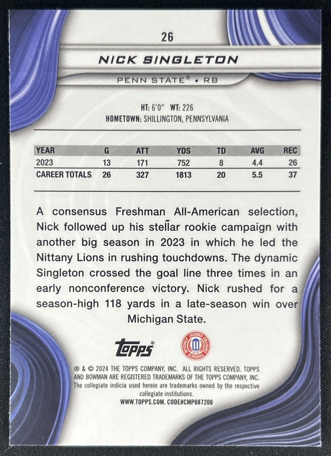 Nick Singleton 2024 Bowman Best University Gold Refractor /50 Nittany Lions back