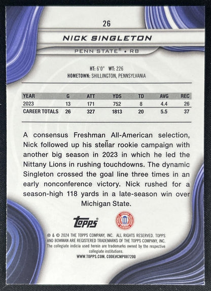 Nick Singleton 2024 Bowman Best University Gold Refractor /50 Nittany Lions back