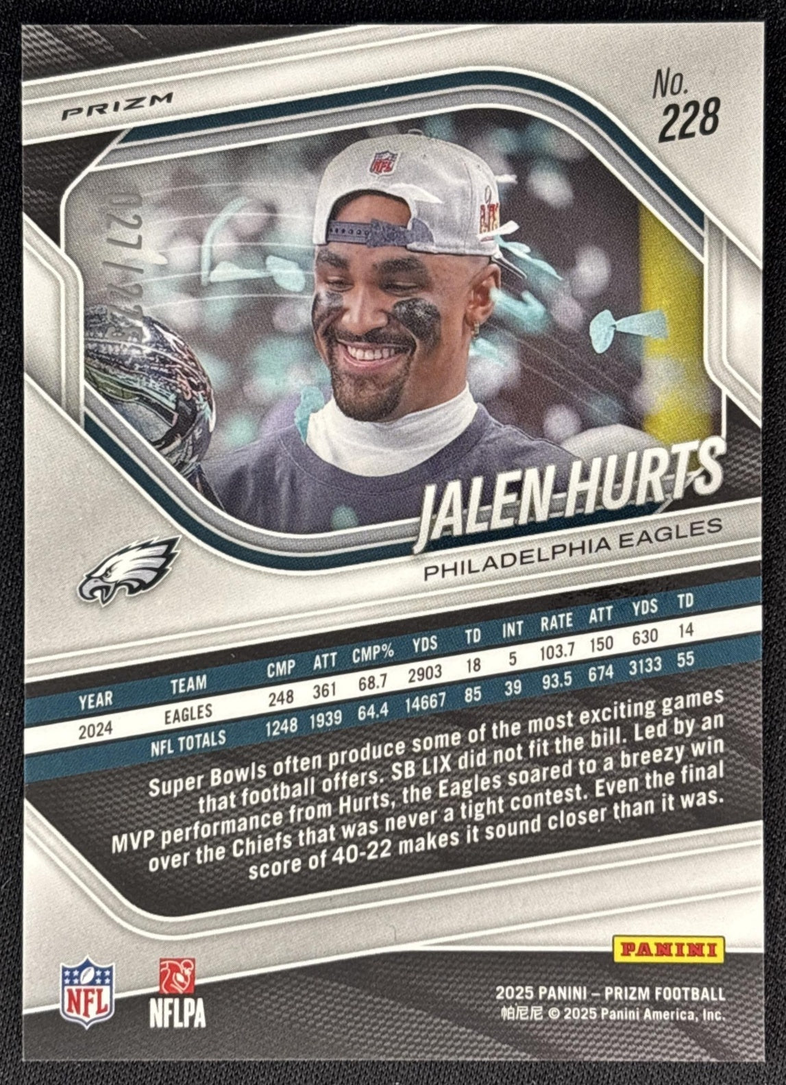 Jalen Hurts 2025 Panini Prizm Purple Ice /225 Eagles back