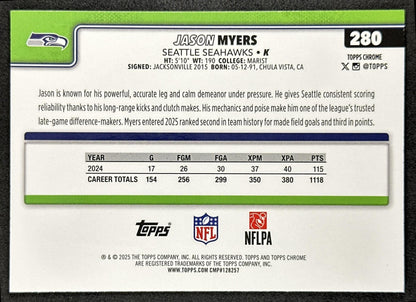 Jason Myers 2025 Topps Chrome Prism Refractor Seahawks