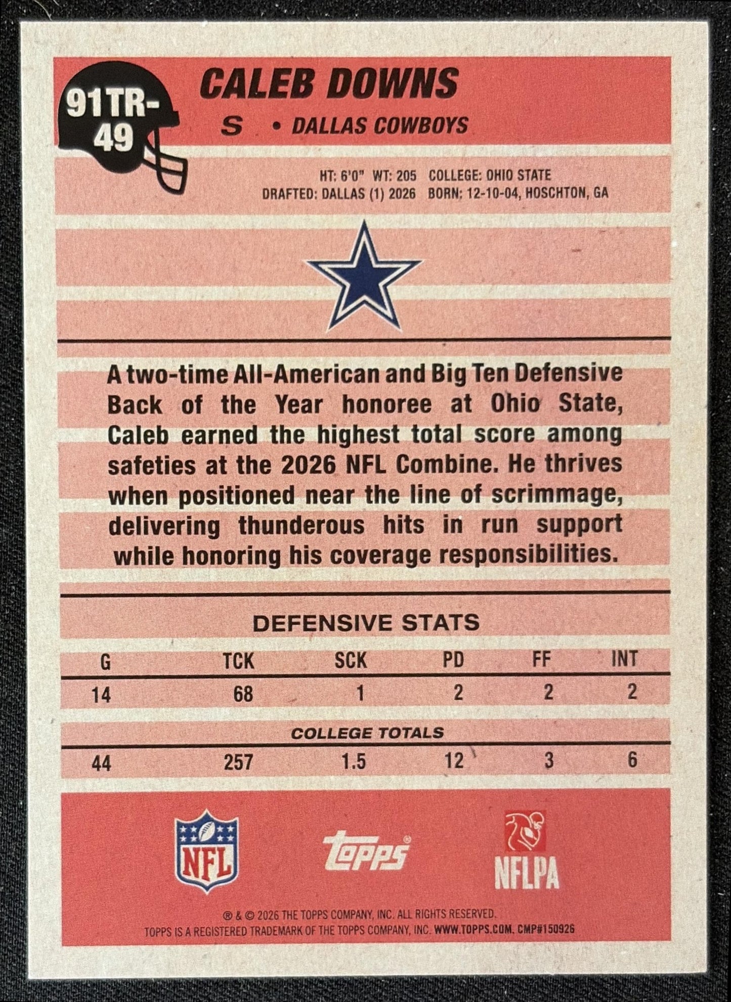 Caleb Downs 2026 Topps 1991 Rookie Cowboys back