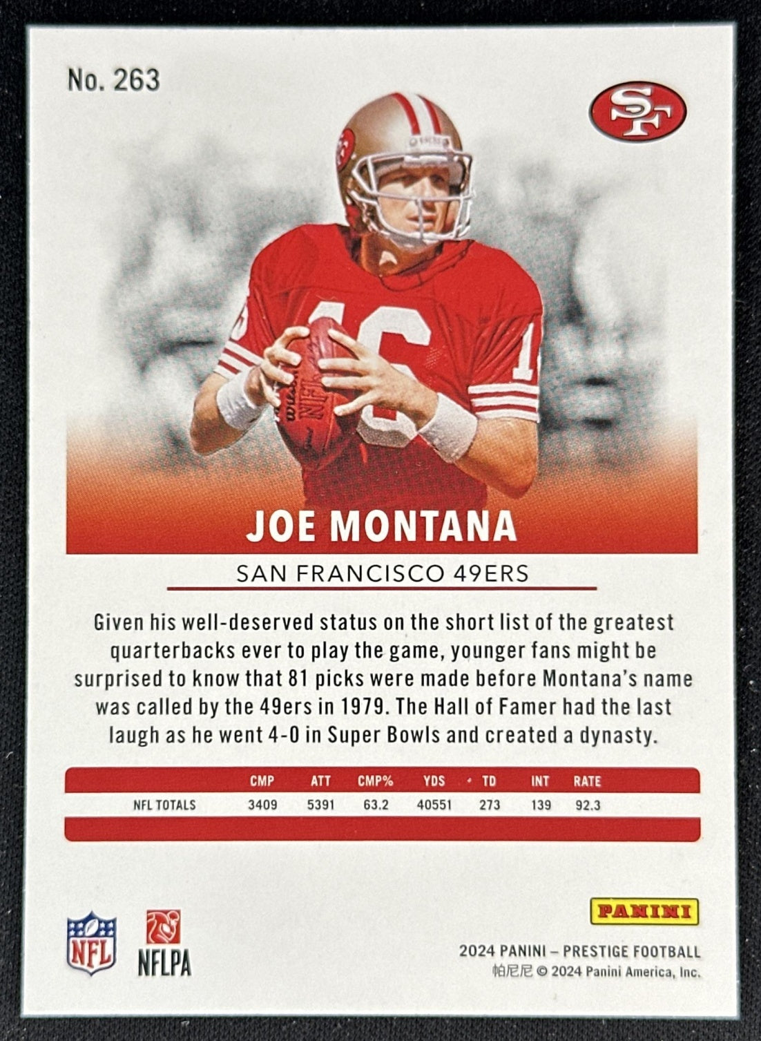 Joe Montana 2024 Panini Prestige 49ers back