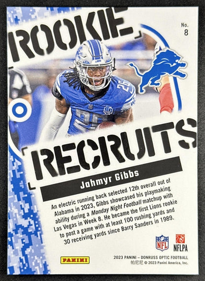 Jahmyr Gibbs 2023 Panini Donruss Optic Rookie Recruits Lions Sports Trading Card
