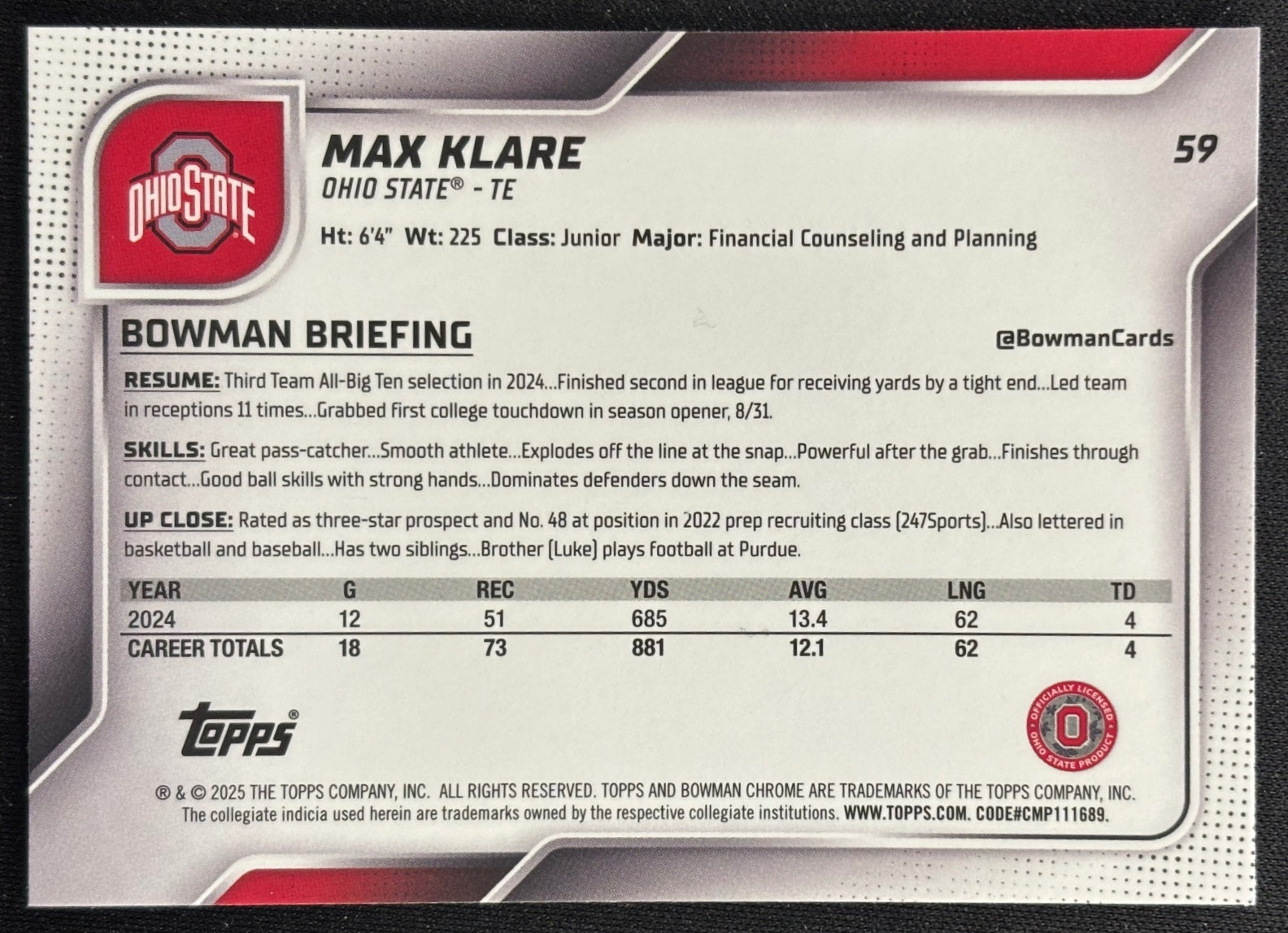 Max Klare 2025 Chrome University Sapphire Prospect Buckeyes - Back