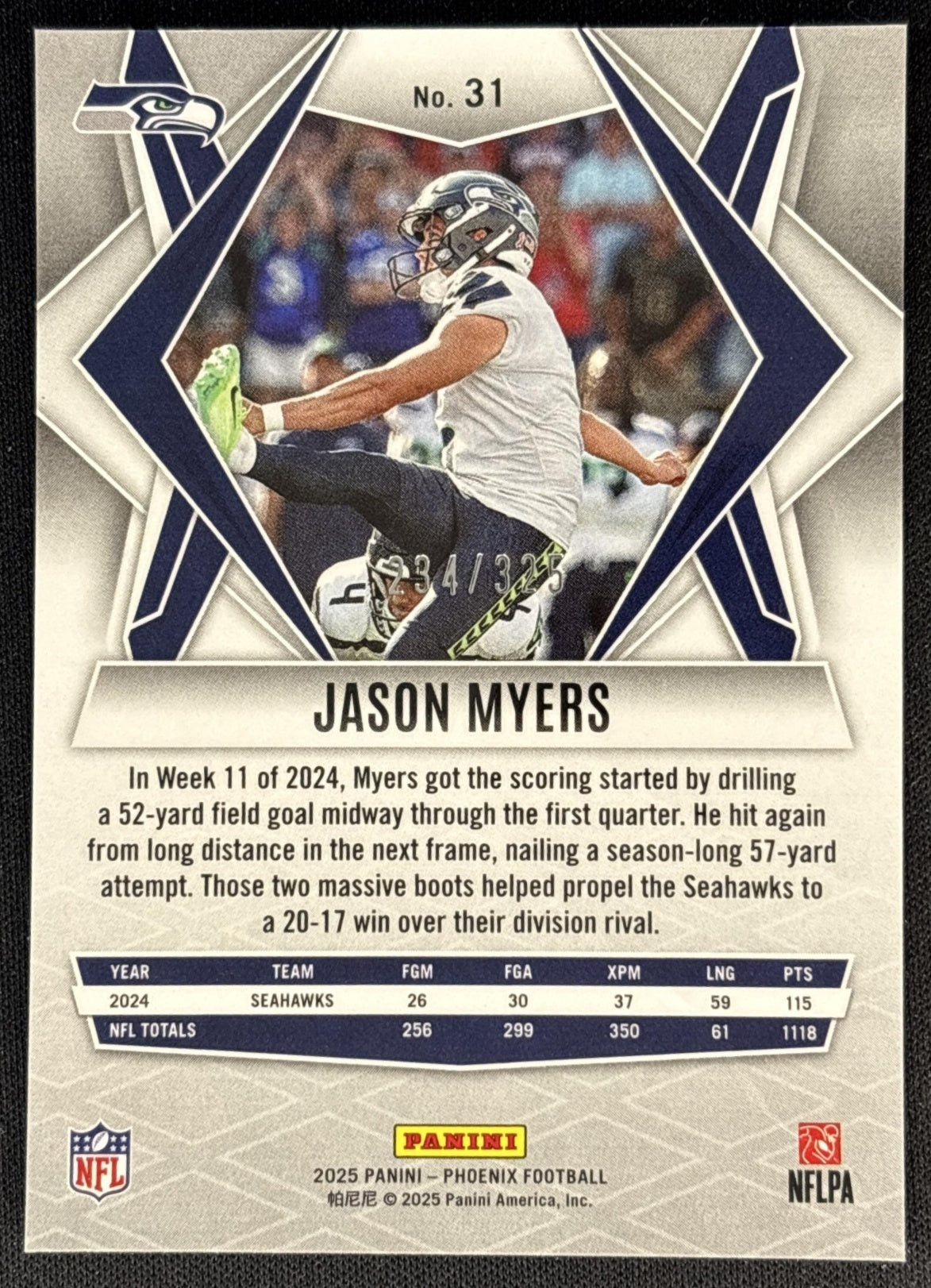 Jason Myers 2025 Panini Phoenix Light Blue Lava Prizm /325 Seahawks