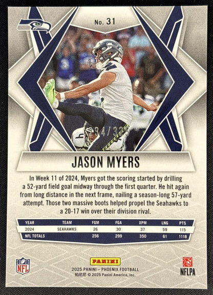 Jason Myers 2025 Panini Phoenix Light Blue Lava Prizm /325 Seahawks