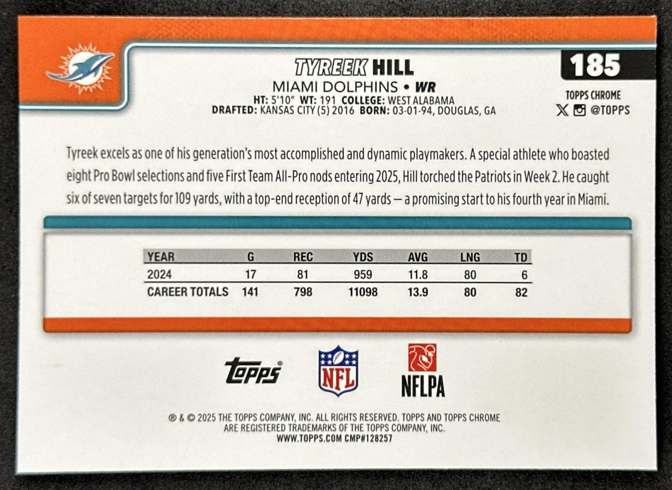 Tyreek Hill 2025 Topps Chrome Sapphire Dolphins