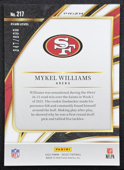 Mykel Williams 2025 Panini Select Club Level Purple Prizm Shock /699 49ers back