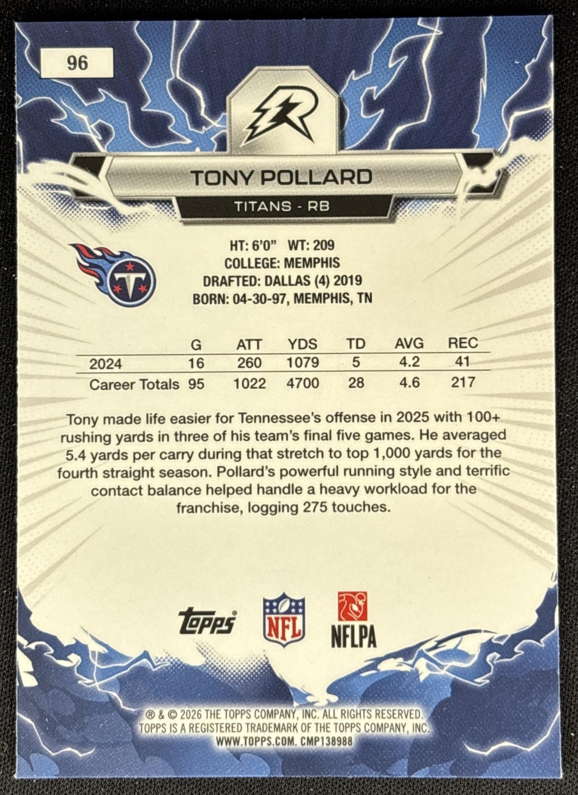 Tony Pollard 2025 Topps Resurgence Sky Blue and Pink Shock Refractor Titans back