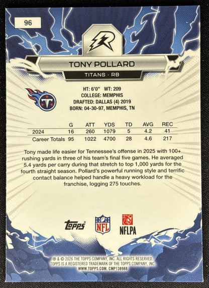 Tony Pollard 2025 Topps Resurgence Sky Blue and Pink Shock Refractor Titans back
