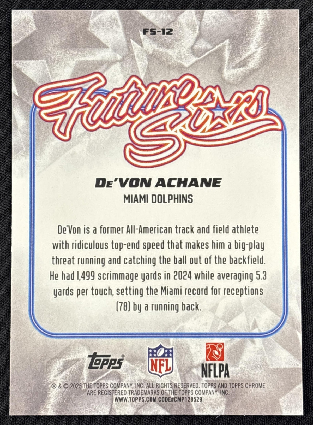 De'Von Achane 2025 Topps Chrome Future Stars Pink Refractor /250 Dolphins